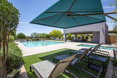 Pool spa and pool patio long charis at Avilla Preserve in Tucson AZ June 2021
