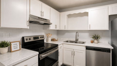 A kitchen with white cabinets and a black stove top oven.