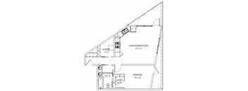 A floor plan of a small apartment with a living room, kitchen, bathroom, and bedroom.