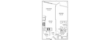 A floor plan of a small apartment with a living room, bedroom, kitchen, bathroom, and laundry area.