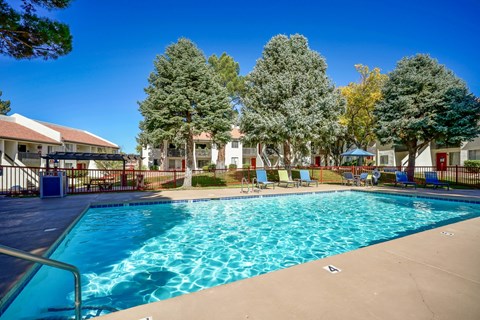 A large swimming pool surrounded by trees and a building in the background.