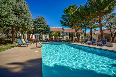 A swimming pool surrounded by trees and chairs.