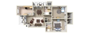 A 3D floor plan of a house with a living room, kitchen, and bedrooms.