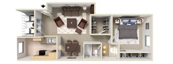 A 3D floor plan of a small apartment with a kitchen, living room, and bedroom.