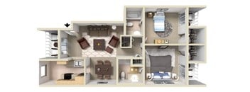 A 3D floor plan of a house with a kitchen, living room, and bedrooms.