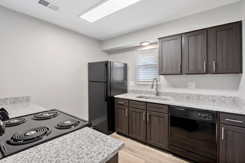 A kitchen with a black refrigerator, a granite countertop, and wooden cabinets.