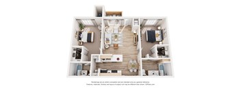 A 3D floor plan of a house with a kitchen, living room, and bedrooms.