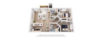 A 3D floor plan of a house with a kitchen, living room, and bedrooms.