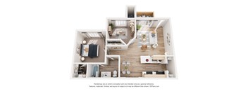 A 3D floor plan of a house with a kitchen, living room, and bathroom.