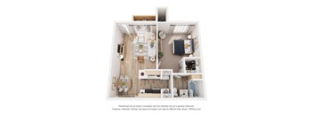 A 3D floor plan of a small apartment with a kitchen, living room, and bathroom.