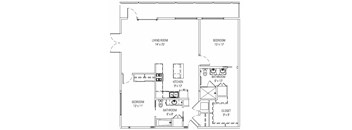 A floor plan of a small apartment with a living room, two bedrooms, a kitchen, bathrooms, and a closet.