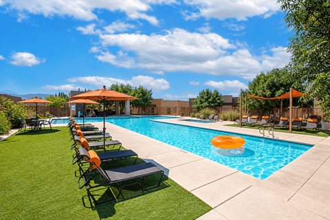 A pool with chairs and umbrellas is surrounded by a grassy area.