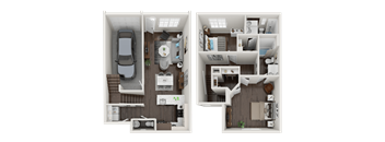 A top-down view of a small apartment with a car parked outside.
