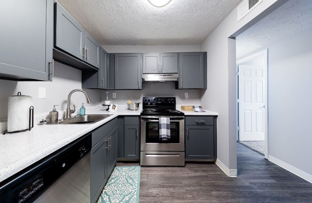 A kitchen with a black dishwasher and a black oven.