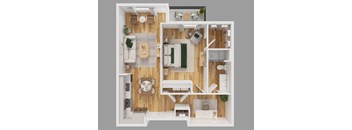 A 3D floor plan of a small apartment with a living room, kitchen, and bedroom.