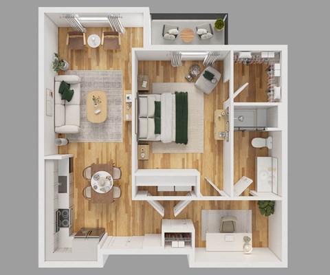A 3D floor plan of a small apartment with a living room, kitchen, and bedroom.