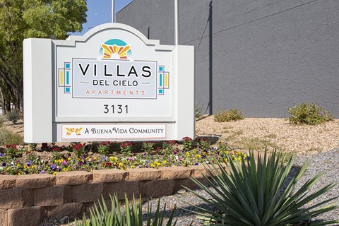 Sign and landscaping at Villas Del Cielo Aprartments in Albuquerque New Mexico October 2020