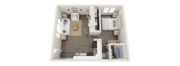 A top-down view of a small apartment with a kitchen, living room, and bathroom.