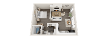 A top-down view of a small apartment layout with a bed, couch, and kitchen area.