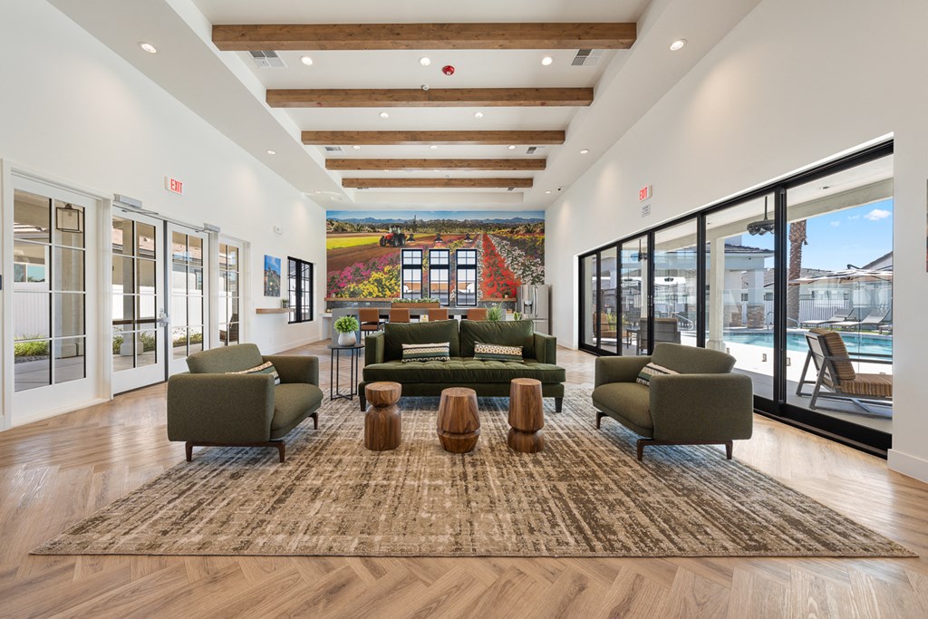 A living room with a rug and a couch.