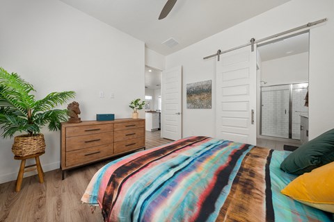A bedroom with a bed, a dresser, and a plant.
