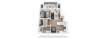 A 3D floor plan of a small apartment with a kitchen, living room, and bathroom.