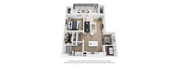 A 3D floor plan of a house with a kitchen, living room, and two bedrooms.