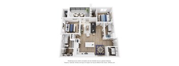A floor plan of a house with a kitchen, living room, and two bedrooms.