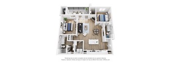 A 3D floor plan of a house with a kitchen, living room, and bedrooms.