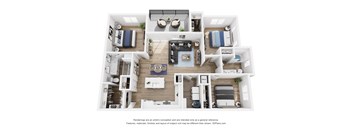 A 3D floor plan of a small apartment with a kitchen, living room, and bedrooms.
