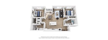 A 3D floor plan of a house with a kitchen, living room, and two bedrooms.