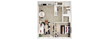 A top-down view of a well-organized living space with a dining area, kitchen, and bedroom.
