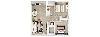 A top-down view of a bedroom with a bed, nightstand, and a dining area.
