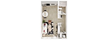 A small, neatly organized kitchen with a dining table and chairs.