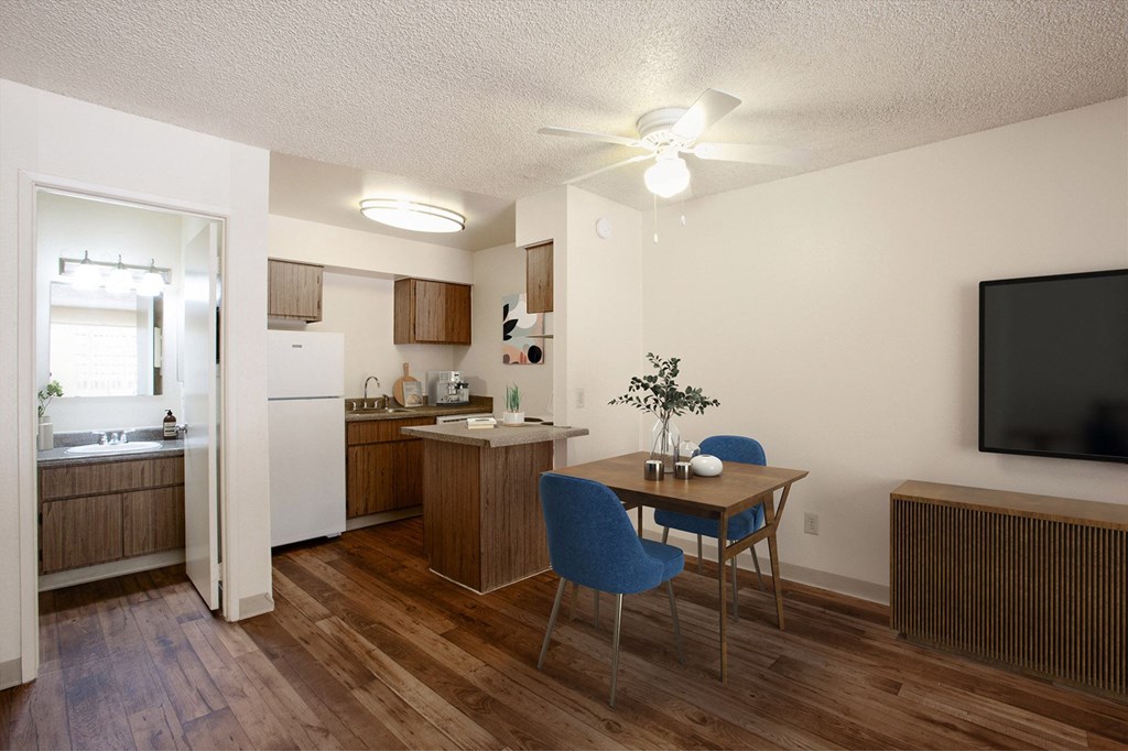 Studio Kitchen and dining area at River Oaks Apartments