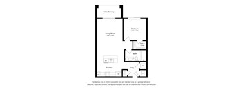 A floor plan of a house with a living room, kitchen, bathroom and bedroom.