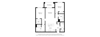 A black and white floor plan of a house with two bedrooms, a living room, a kitchen, a bathroom, a walk-in closet, and a patio/balcony.