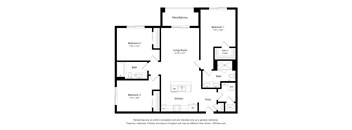 A black and white image of a floor plan for a house with three bedrooms, a living room, a kitchen, a bathroom, and a balcony.