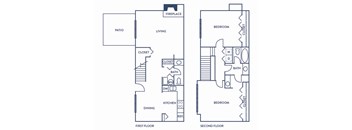 A blueprint shows the layout of a house with two bedrooms, a living area, a kitchen, a dining area, a patio, a fireplace, and two bathrooms.