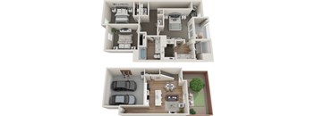 a stylized floor plan of a 2 bedroom apartment