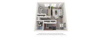 A 3D floor plan of a small apartment with a kitchen, living room, and bedroom.