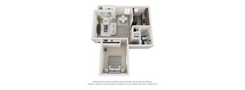 A 3D floor plan of a small apartment with a living room, kitchen, and bedroom.