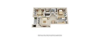 A 3D rendering of a house layout with multiple rooms and furniture.