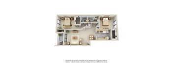 A 3D rendering of a modern, minimalist apartment layout.