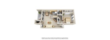 A 3D rendering of a house layout with a kitchen, living room, and dining area.