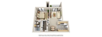 A 3D floor plan of a house with a kitchen, living room, and bathroom.