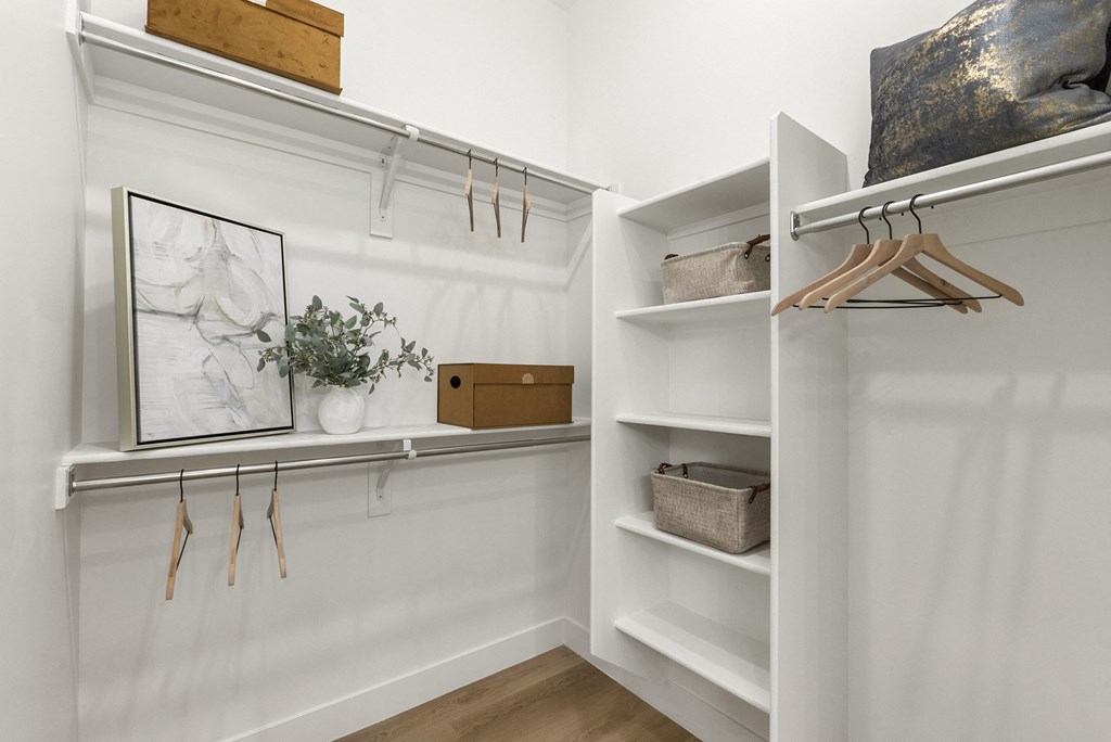 A white closet with a picture frame, a plant, and a brown box on the shelf.