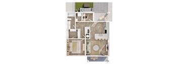 A top-down view of a modern apartment layout.