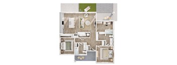 A top-down view of a house layout with a kitchen, living room, and bathrooms.