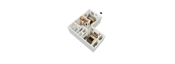 A 3D image of a house layout with a kitchen, living room, and two bedrooms.